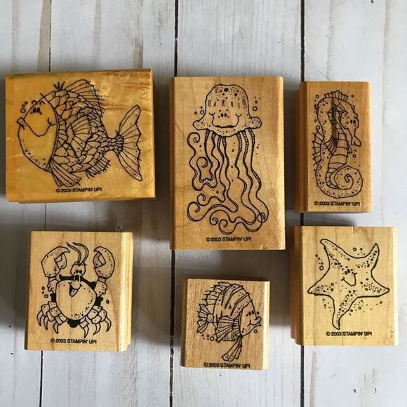Stampin up Fishy Friends wood mounted rubber stamps set of 6 - Picture 1 of 3